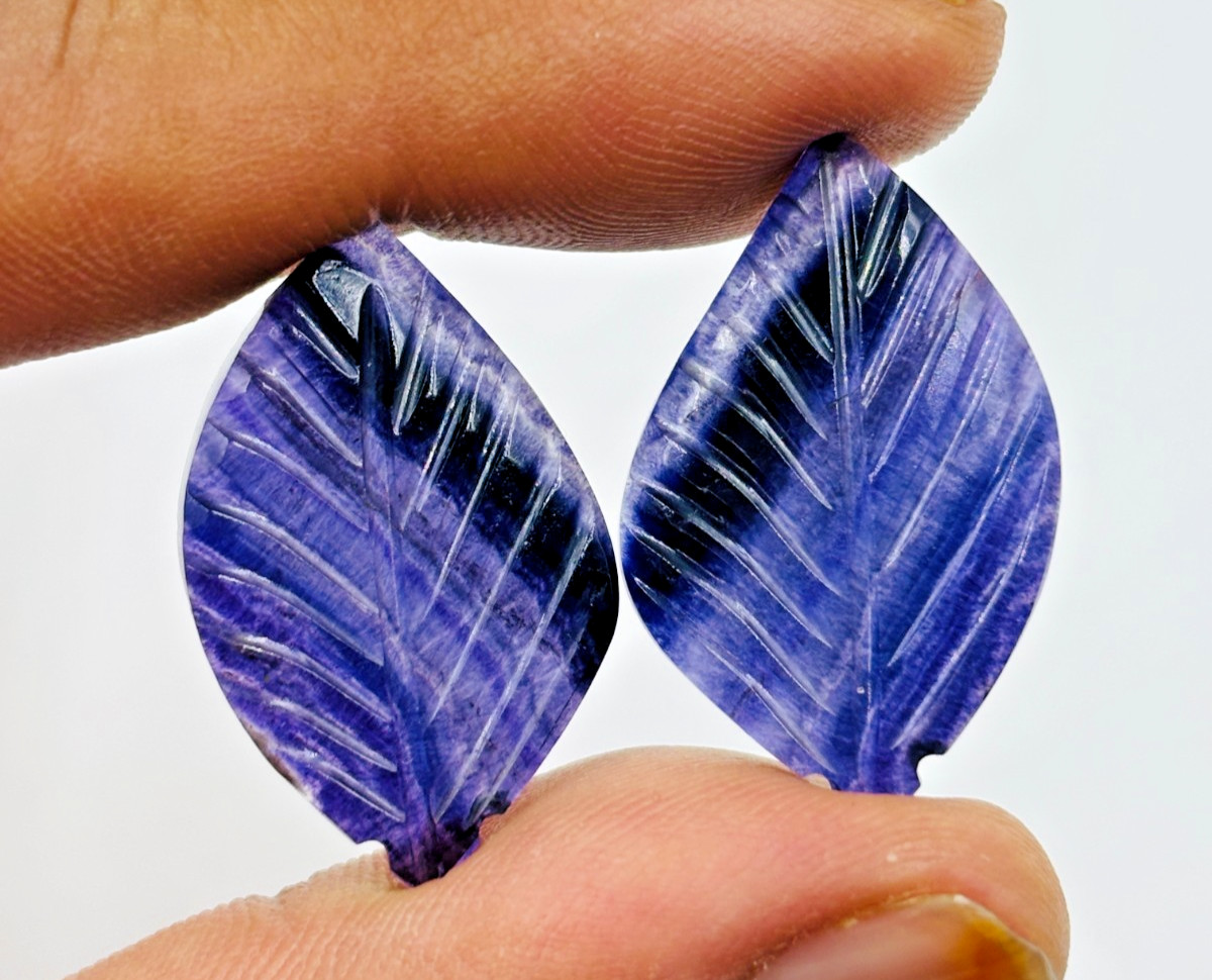 Natural Blue Fluorite Leaf Carved Cabochon Pair 30Ct Matching Gemstone Earring