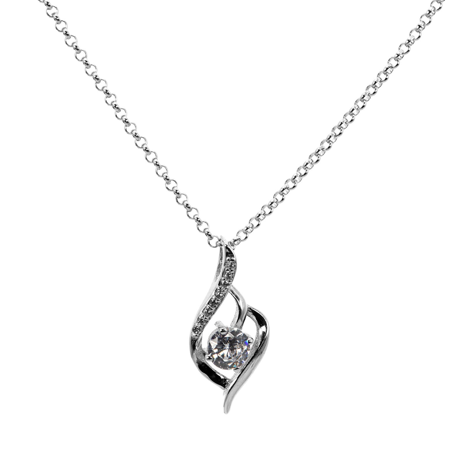 Round Rolo Chain Necklace Pendant Water Drop Zircon 925 Sterling Silver Women
