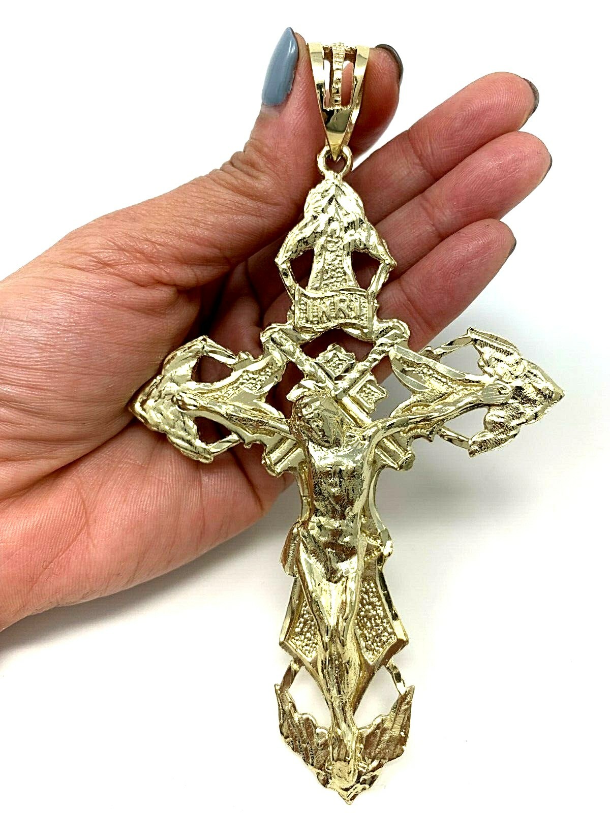 10k Yellow Gold Religious INRI Jesus Christ 3D Big Cross Pendant 5.25″- 45 grams