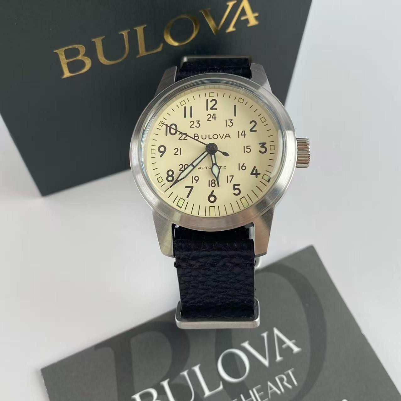 New Bulova Hack Men’s Automatic Watch Ivory Dial Leather Strap 96A246 38 mm