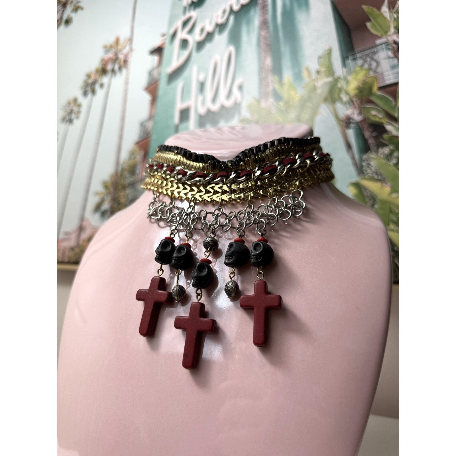 Topshop Silver Gold Black Skulls Cross Stacked Chain Choker Statement Necklace