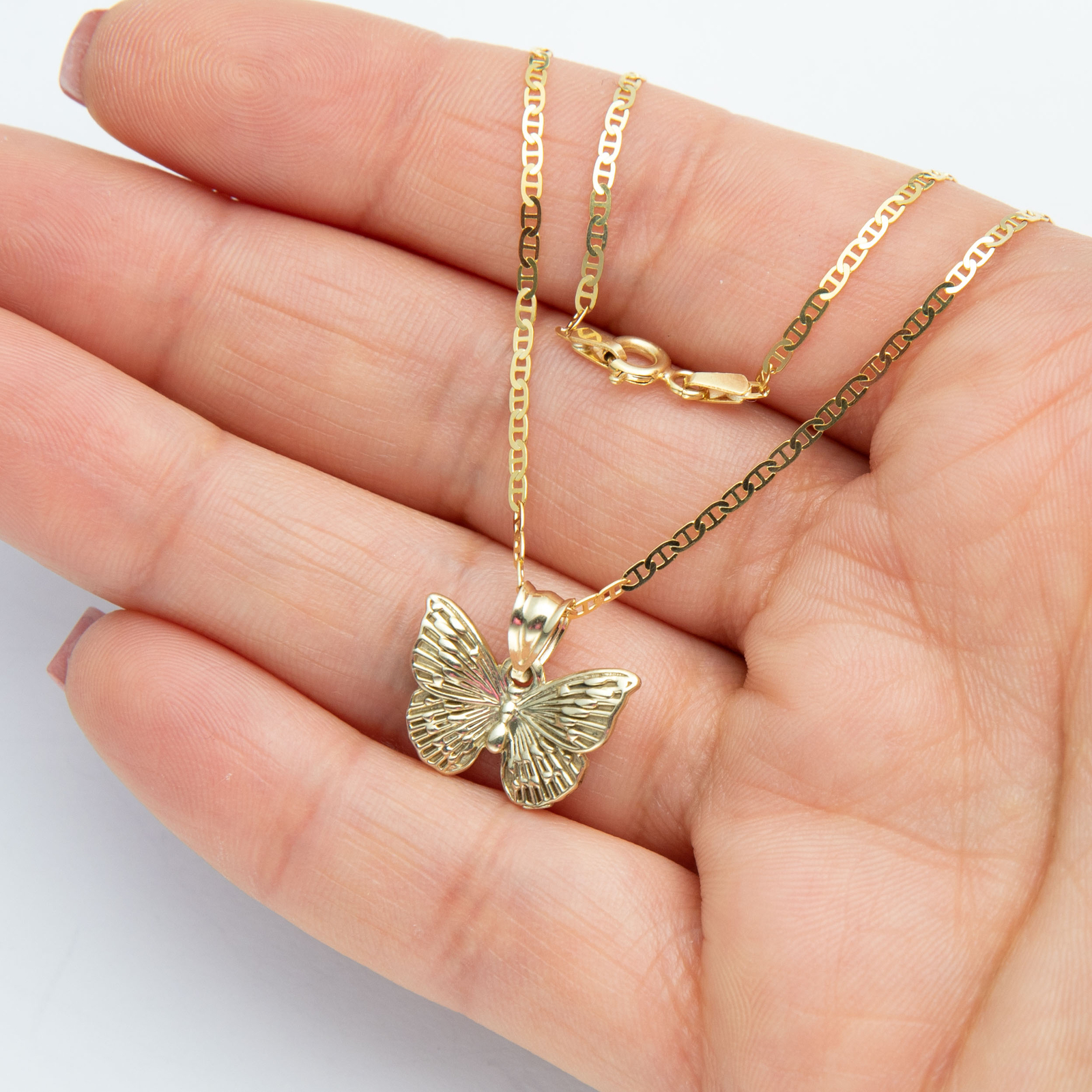 Solid 10K Gold Textured Butterfly Pendant Necklace Yellow Gold All Sizes