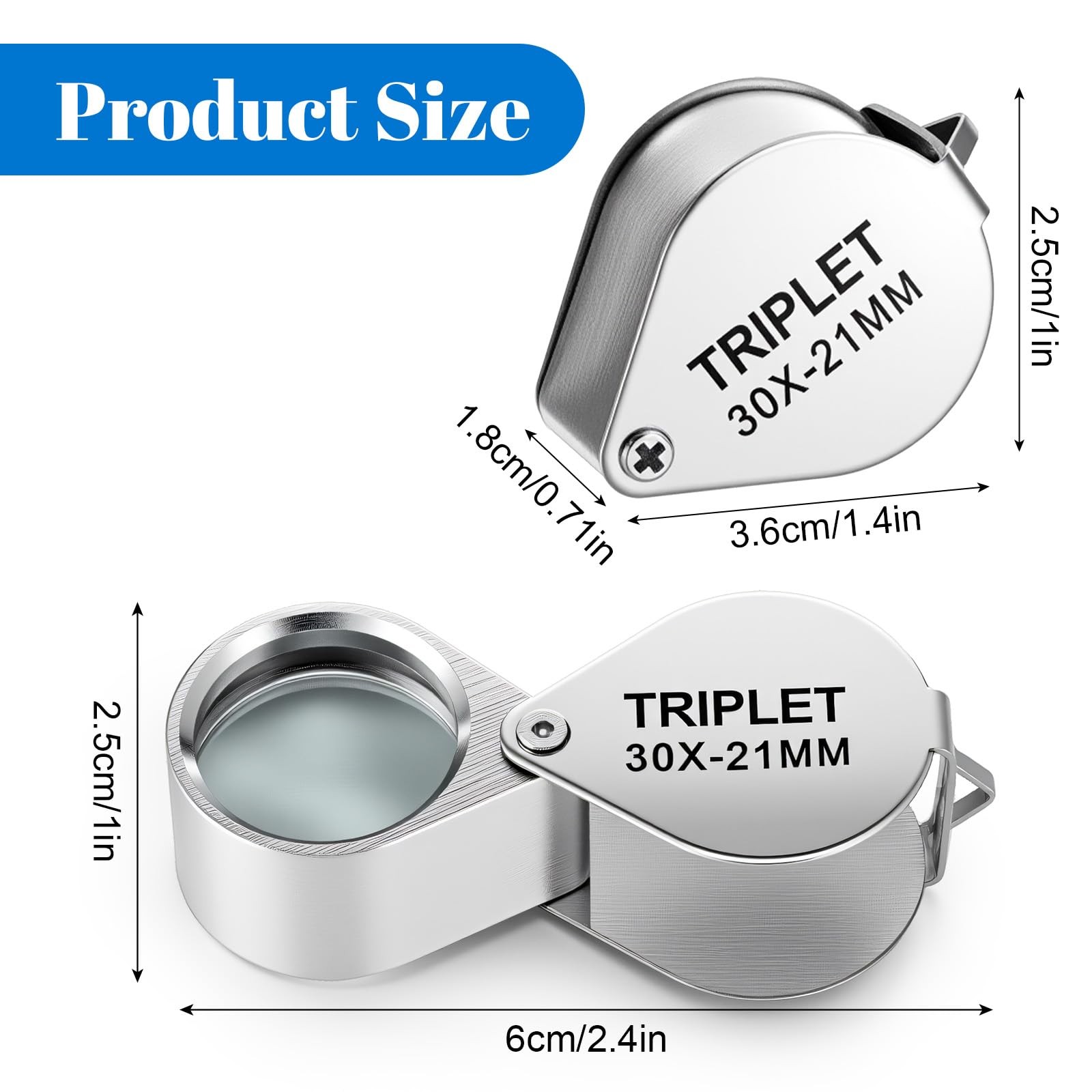 3 Jewelers Loupe Magnifier 10X 20X 30X Foldable Zinc Alloy Glass Silver