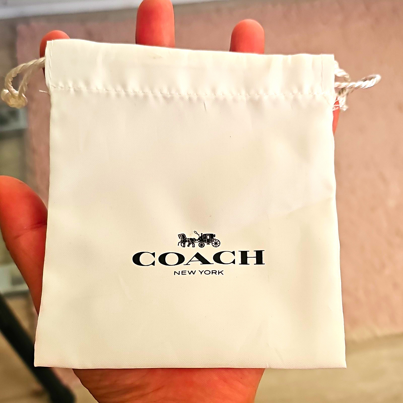 Coach New York White Fabric Drawstring Jewelry Pouch/Bag w/ Care Card