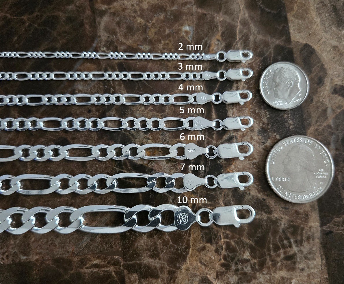 Solid Sterling Silver Figaro Link Chain – Necklace and Bracelet Lengths – Italy