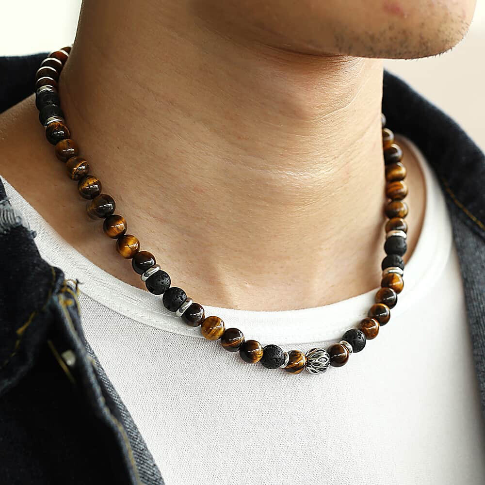 Men’s 8mm Natural Tiger Eye Lava Bead Necklace Stainless Steel Toggle 18/20/24″