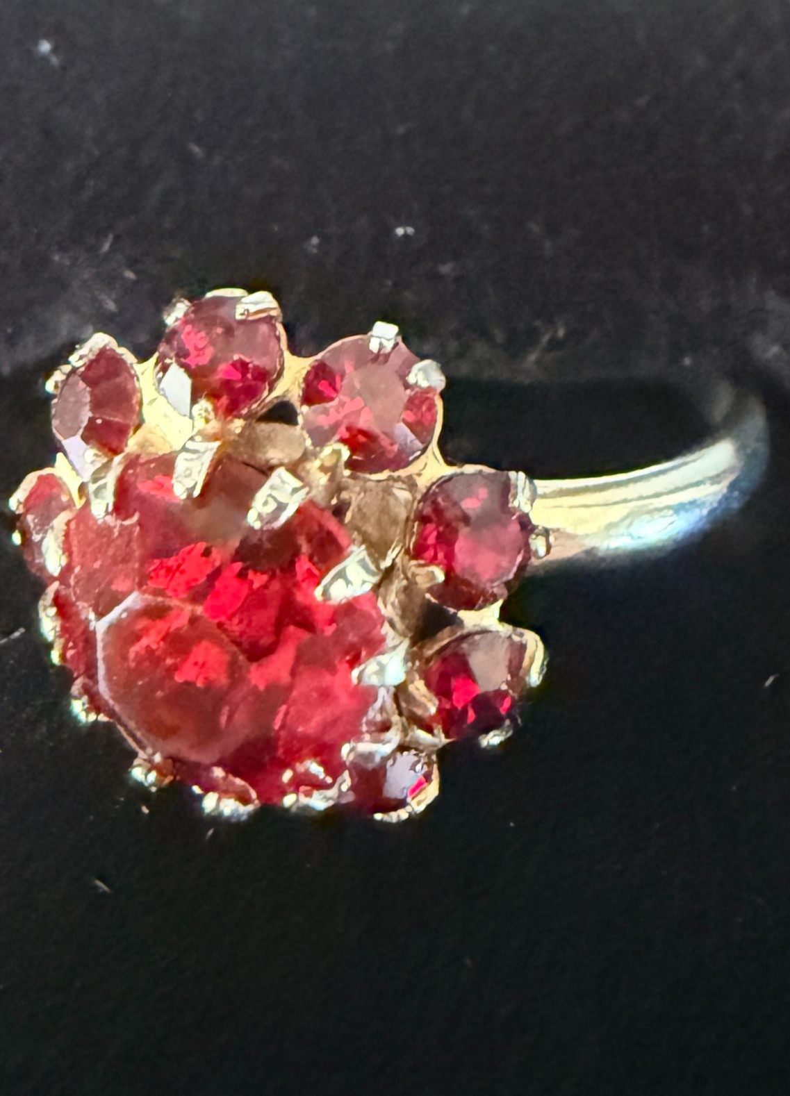 Deep Burgundy ring features a cluster of red rhinestones in a gold-tone setting.