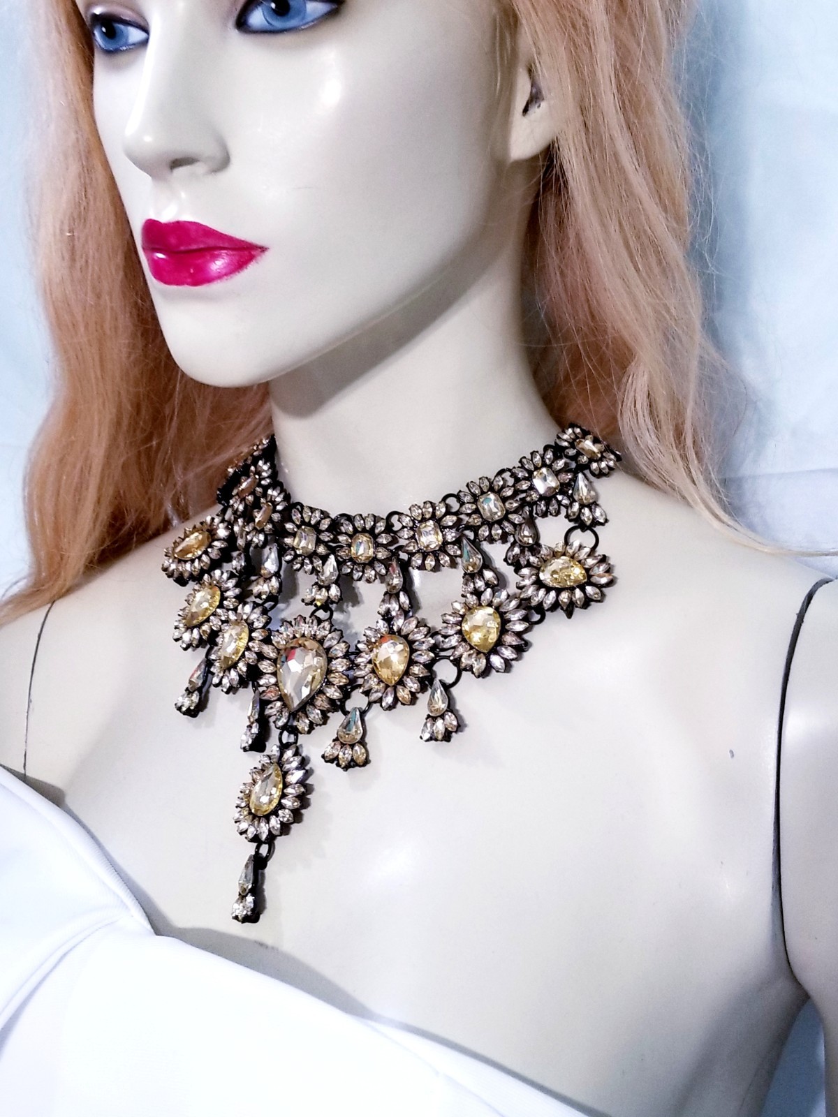 Topaz Statement Choker Rhinestone Necklace Bridal Prom Pageant Gothic