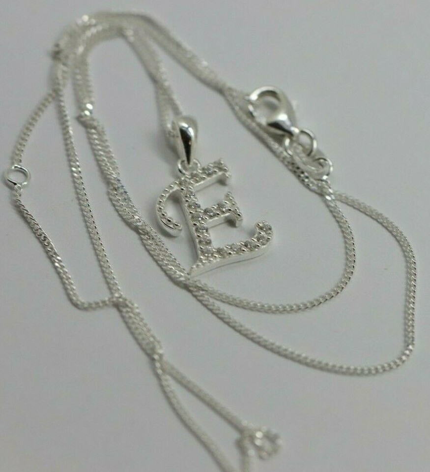 Sterling Silver CZ Initial E Pendant with 45cm + 5cm Extender Chain -Free post