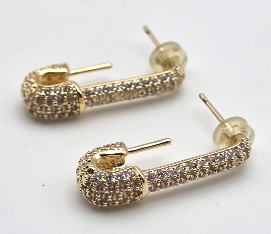 Gold Tone Clear CZ Pavé Safety Pin Stud Earrings 1 Inch Edgy Punk