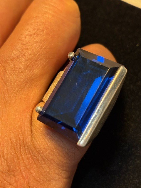 Cobalt Blue lab-created Spinel Ring 925 Silver Emerald Cut ~33.5 ctw Sz ~7.75