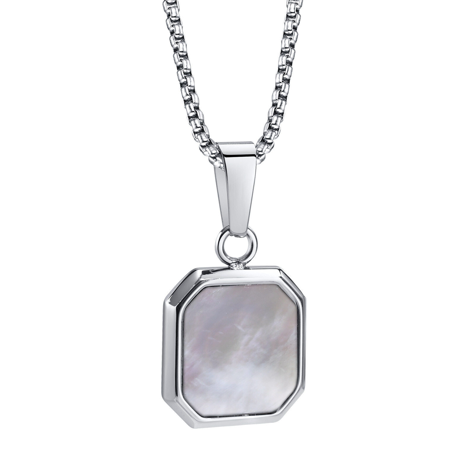 White Shell Black Enamel Square Pendant Necklace Stainless Steel with 60cm Chain