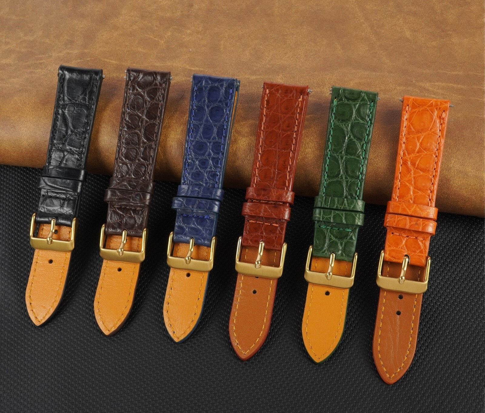 Black Flat Crocodile Leather Watch Band Real Crocodile Watch Strap Gold Buckle