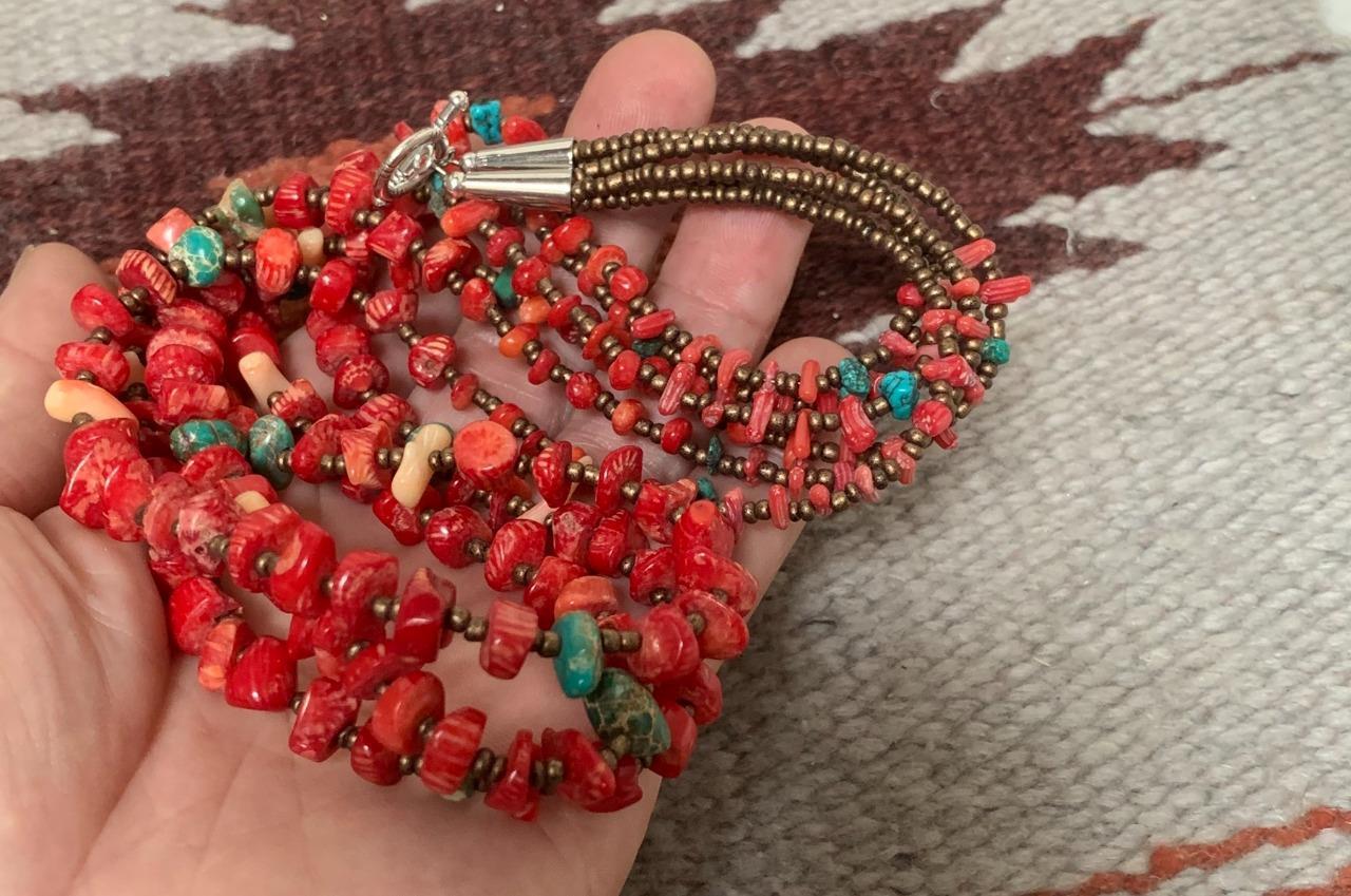 Multi-strands coral/turquoise nugget necklace//24″ (t316c-w2.5)