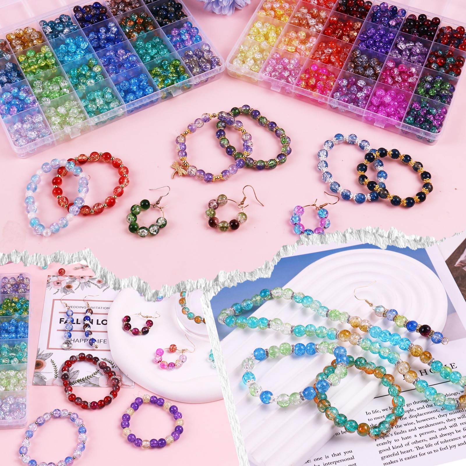 1800PCS 8mm Crackle Glass Beads Bracelet Making Kit, 48 Colors 8mm, crackle