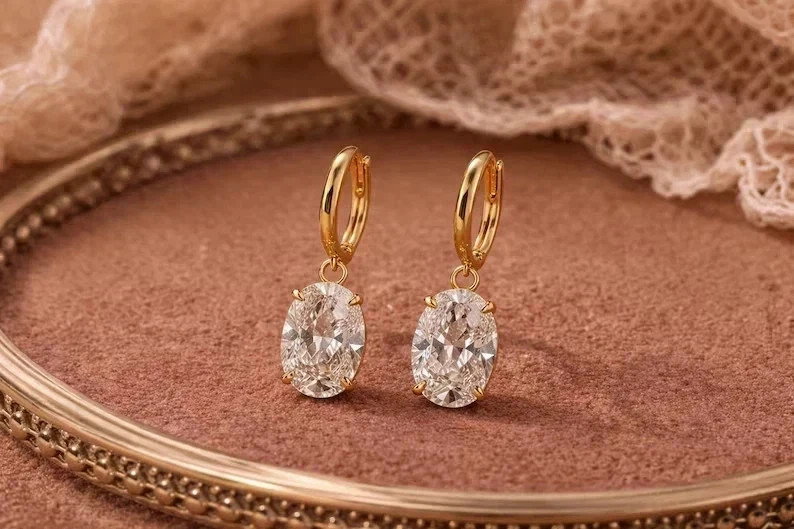 4 CT Oval EF-VS1 Lab Grown Diamond Drop Dangle Women Earrings 14K Yellow Gold