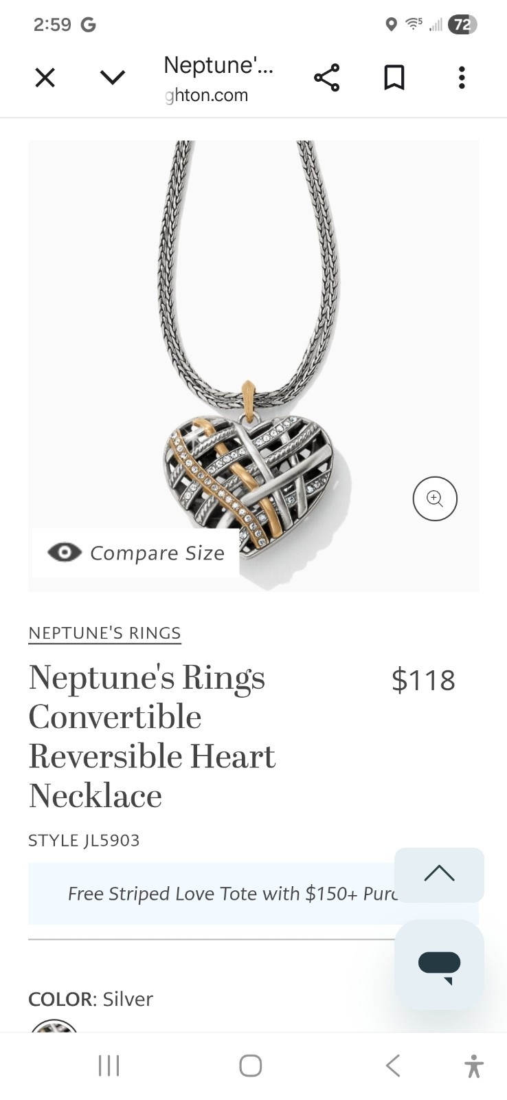 Brighton Neptune’s Rings Convertible Reversible Heart Necklace. NWOT