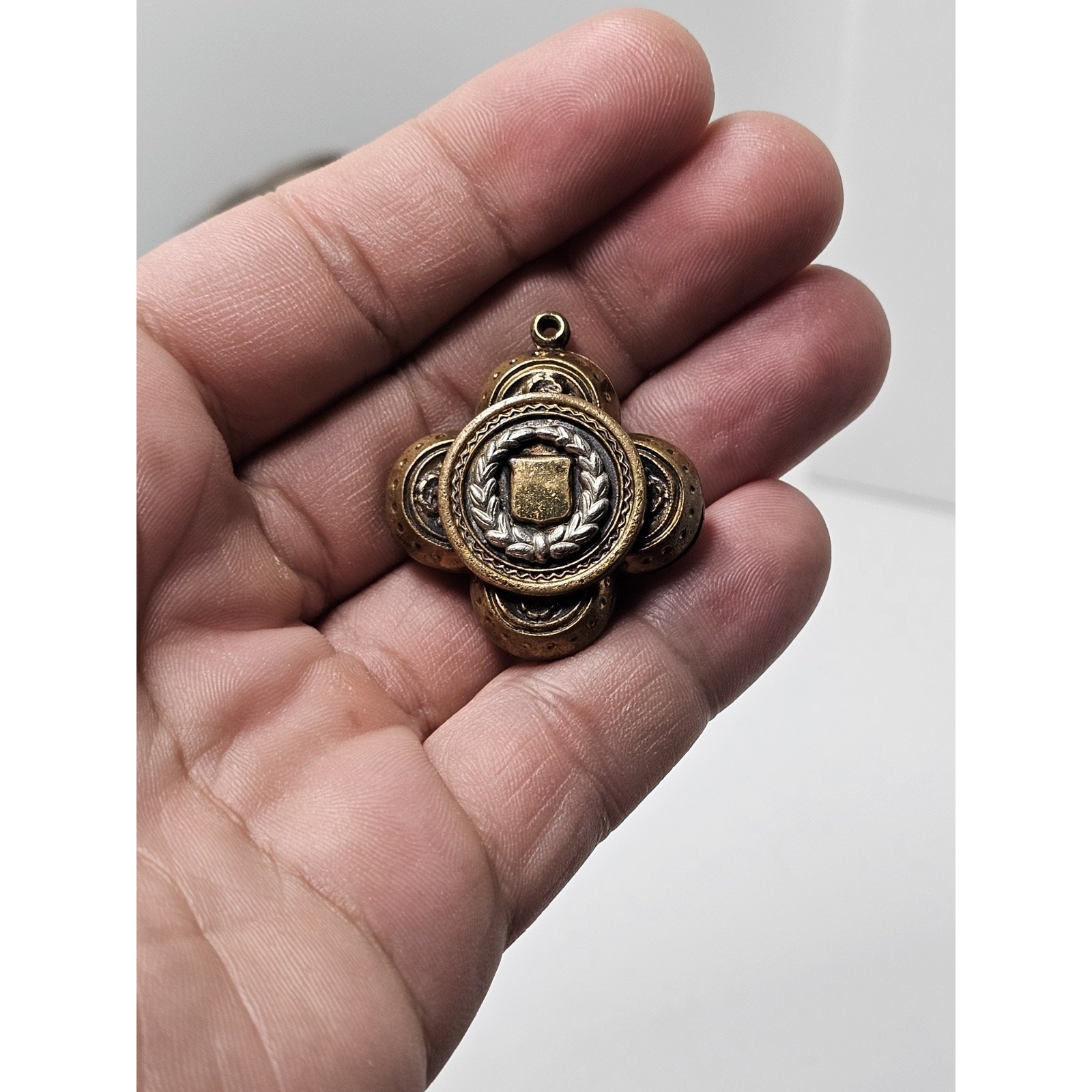 Antique Art Deco Bronze Shield Emblem Pendant *Missing Jump Ring*