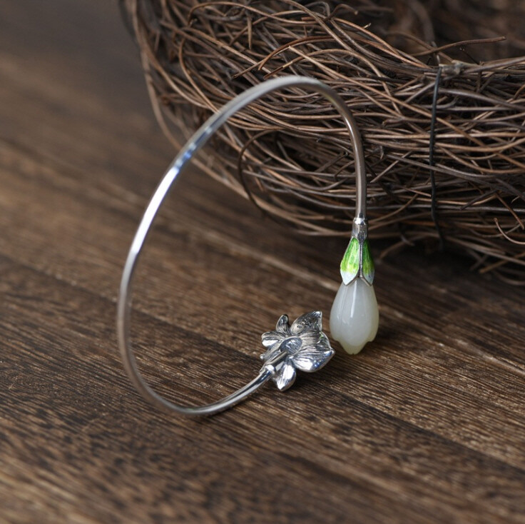 I05 Cloisonne Bangle Silver 925 Blue Green Petals White Jade Agate
