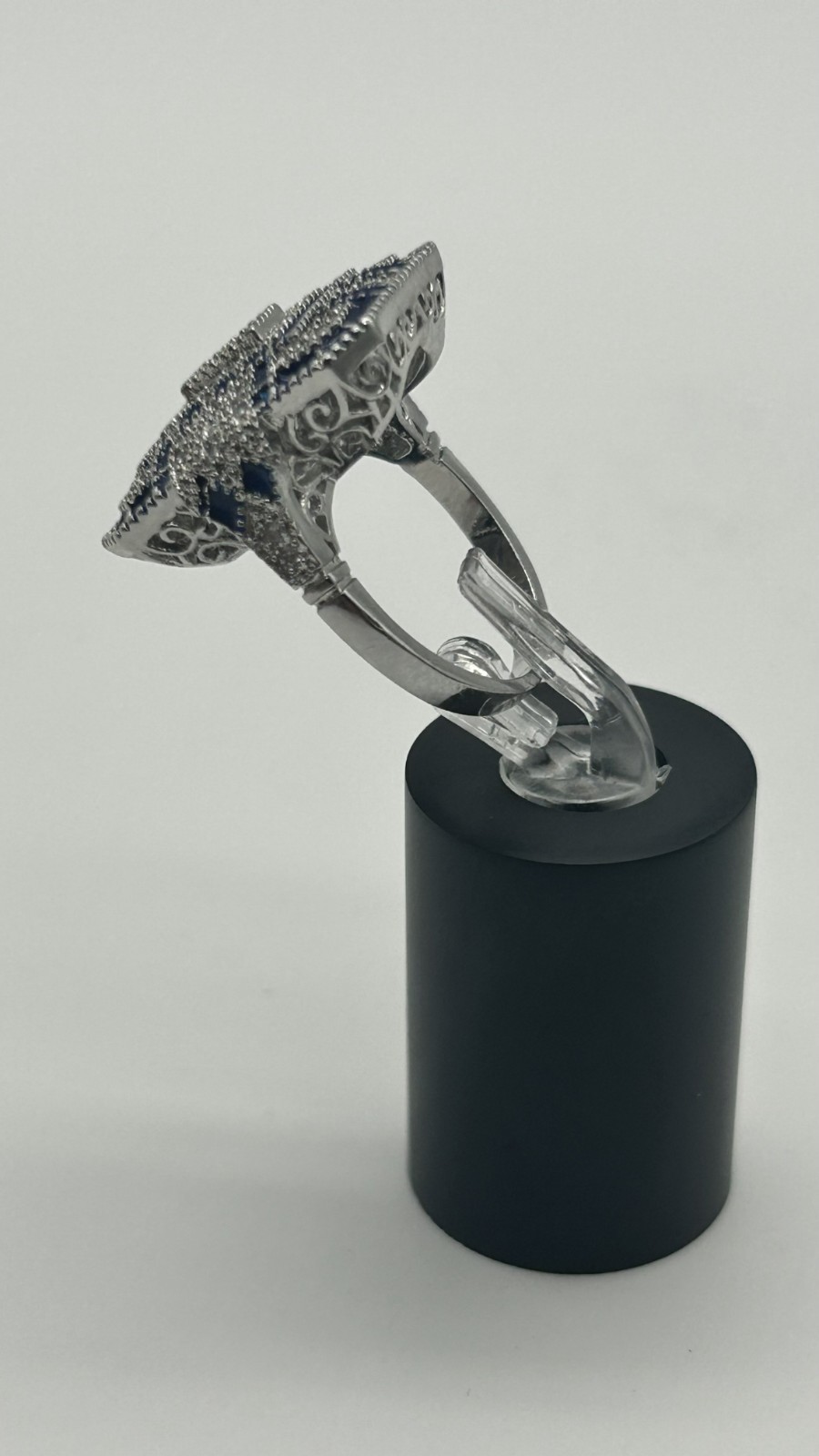 ✨ Silver Tone Art Deco Style Cocktail Ring – Sapphire Blue & Clear CZ – Size 7 –