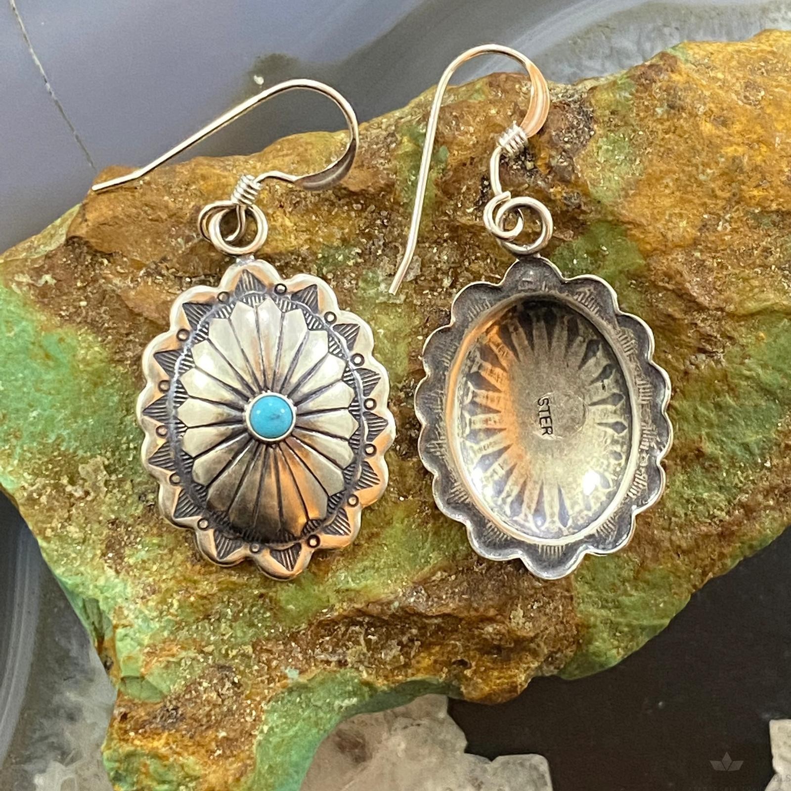 Native American Sterling Turquoise Dot Stamped Concho Dangle Earrings For Women