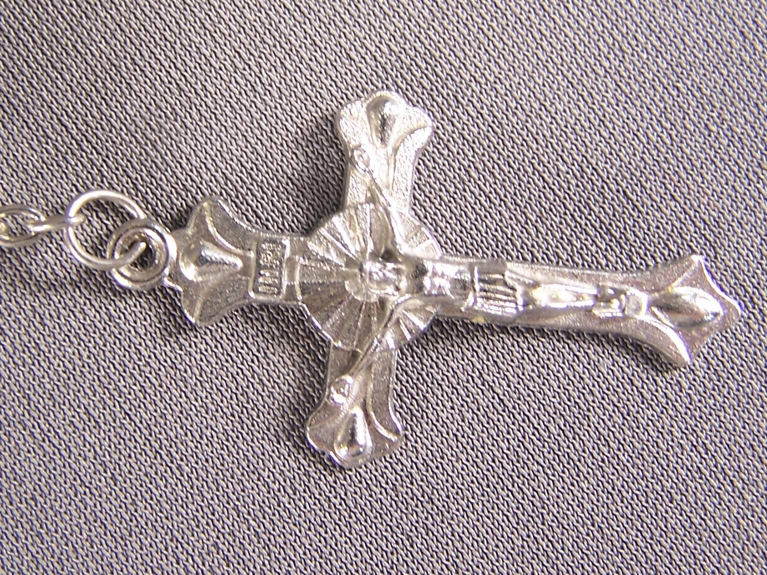 Black faux pearl glass bead beaded rosary silver cross 30″ long necklace