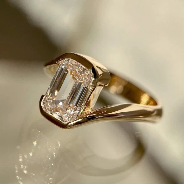 3CT Emerald Cut Moissanite Bezel Engagement Ring 14K Yellow Gold 925 Silver