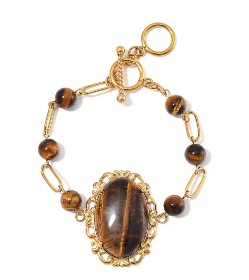 Yellow Tigers Eye 13.00ctw Bracelet ION Plated YG Stainless Steel (7.50-9.0In)