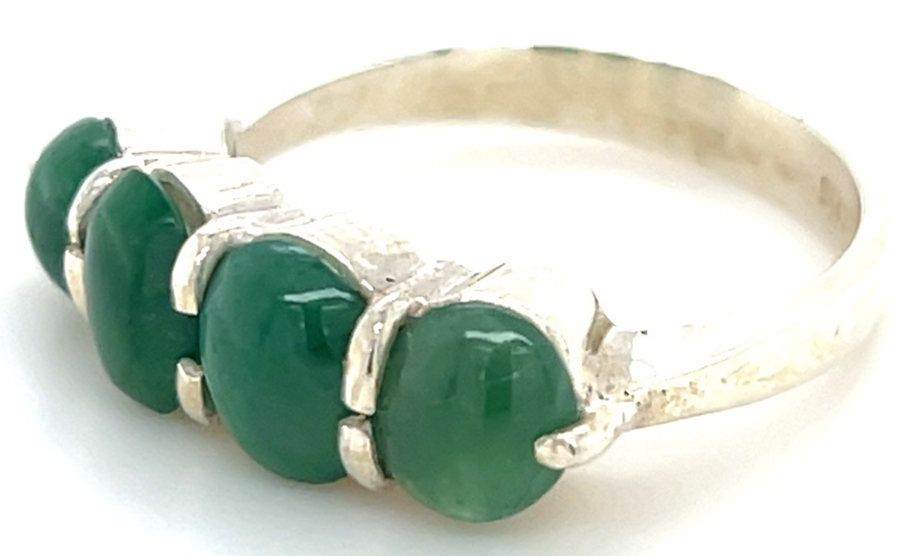 Type A Imperial Green Jadeite 4-Stone Ring 925 Silver Sz7.5