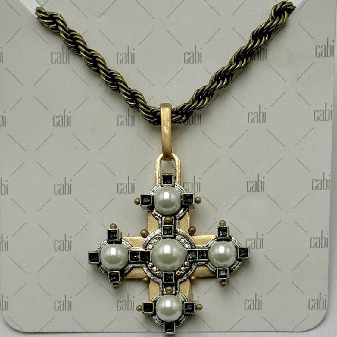 Cabi Tudor Maltese Cross Pendant Necklace Faux Pearl Black Crystal Rope Chain