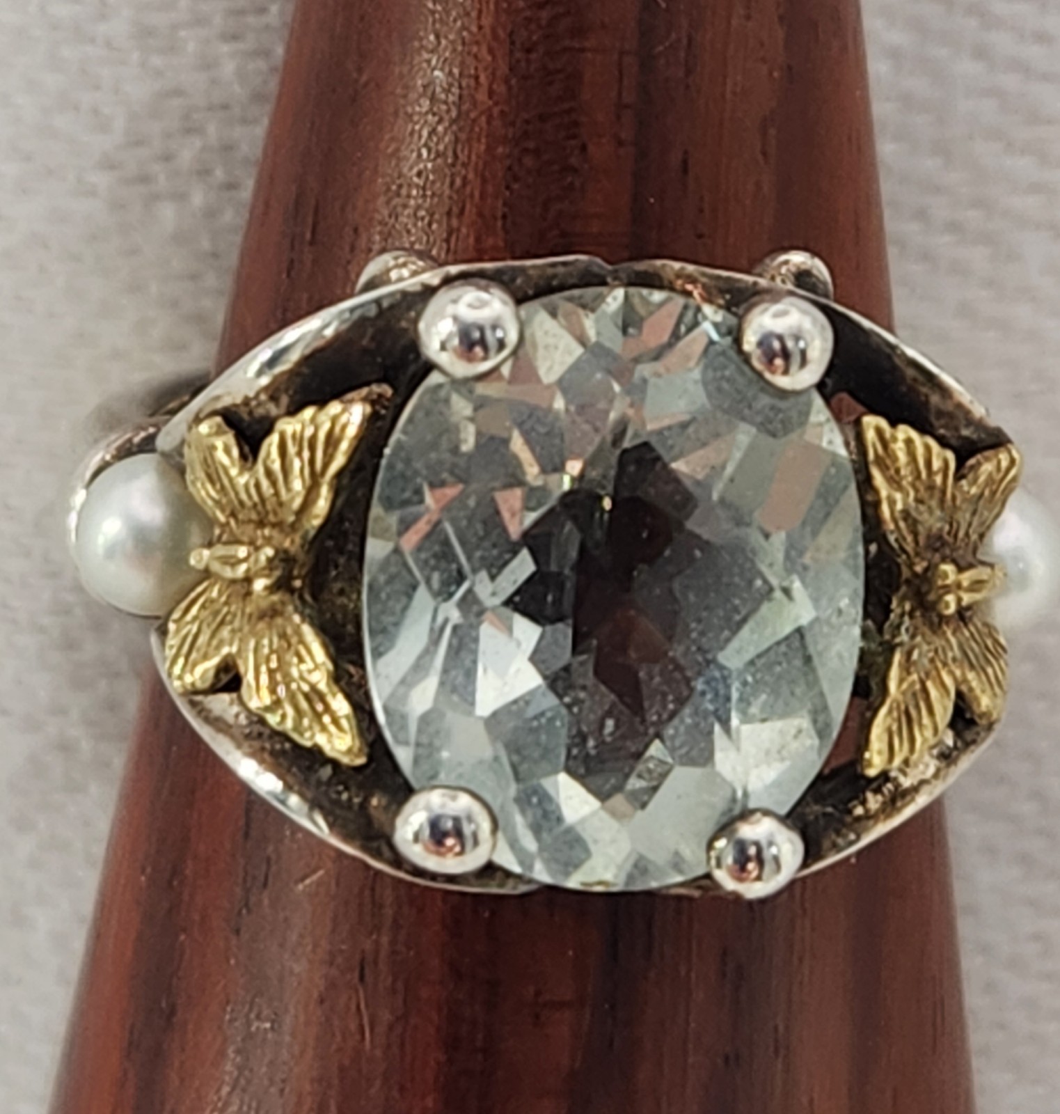 Ann King Sterling Silver 18k Gold Prasiolite Butterfly Pearl Ring Size 6.5
