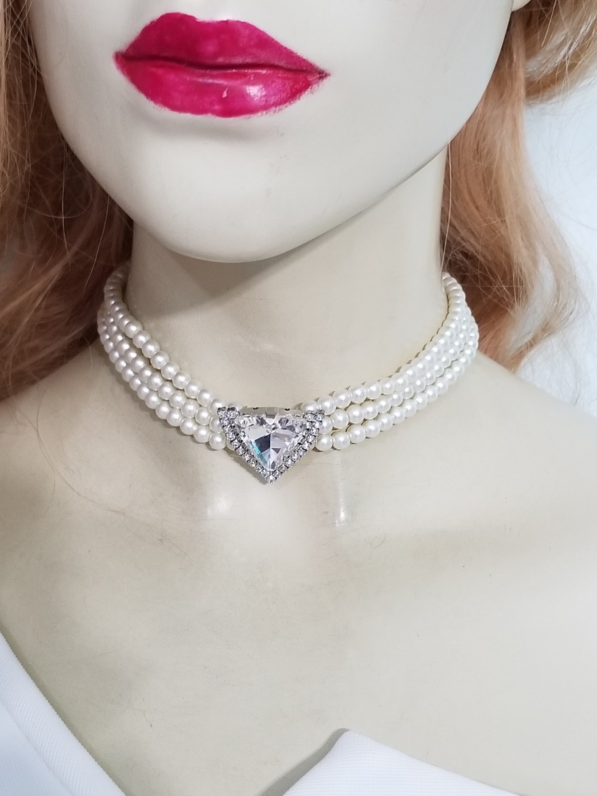 Clear Crystal Choker Rhinestone Created Pearls Necklace Bridal Prom Pageant