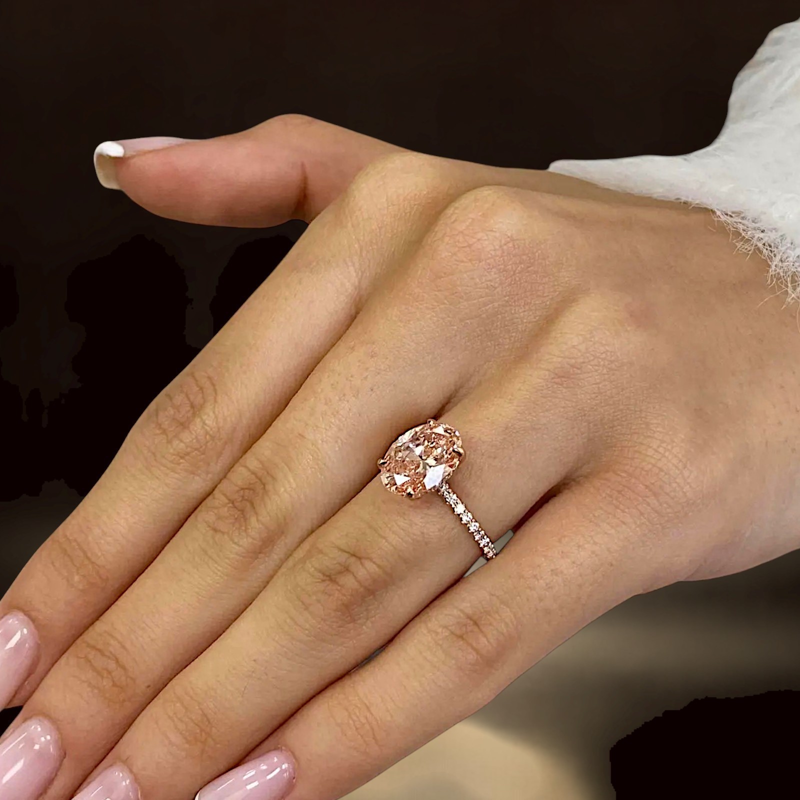 14k Rose Gold 3.25 Carat Fancy Vivid Pink Oval Cut IGI Lab Created Diamond Ring
