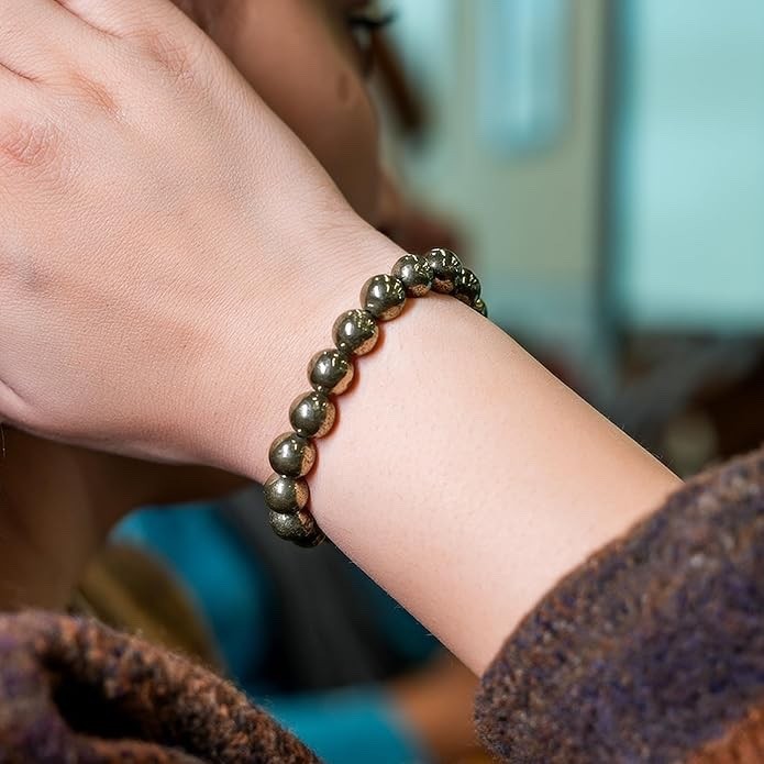 Natural Gemstone 8 mm Bracelet Men & Women Stretchable Crystal Beads Pyrite