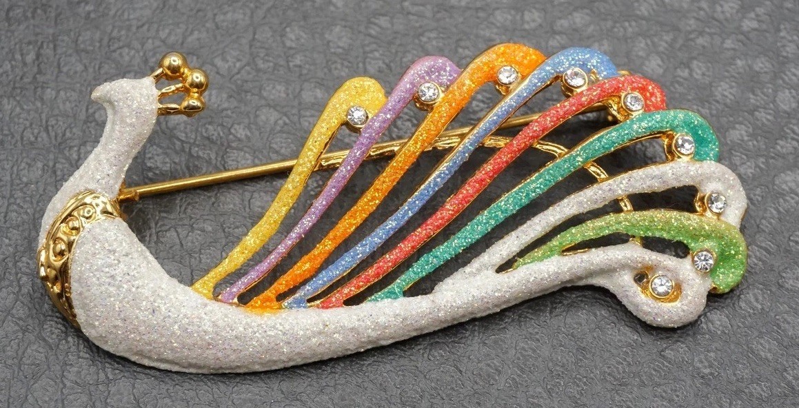 Colorful Peacock Bird Brooch White Enamel Glitter Rainbow Feathers Rhinestone