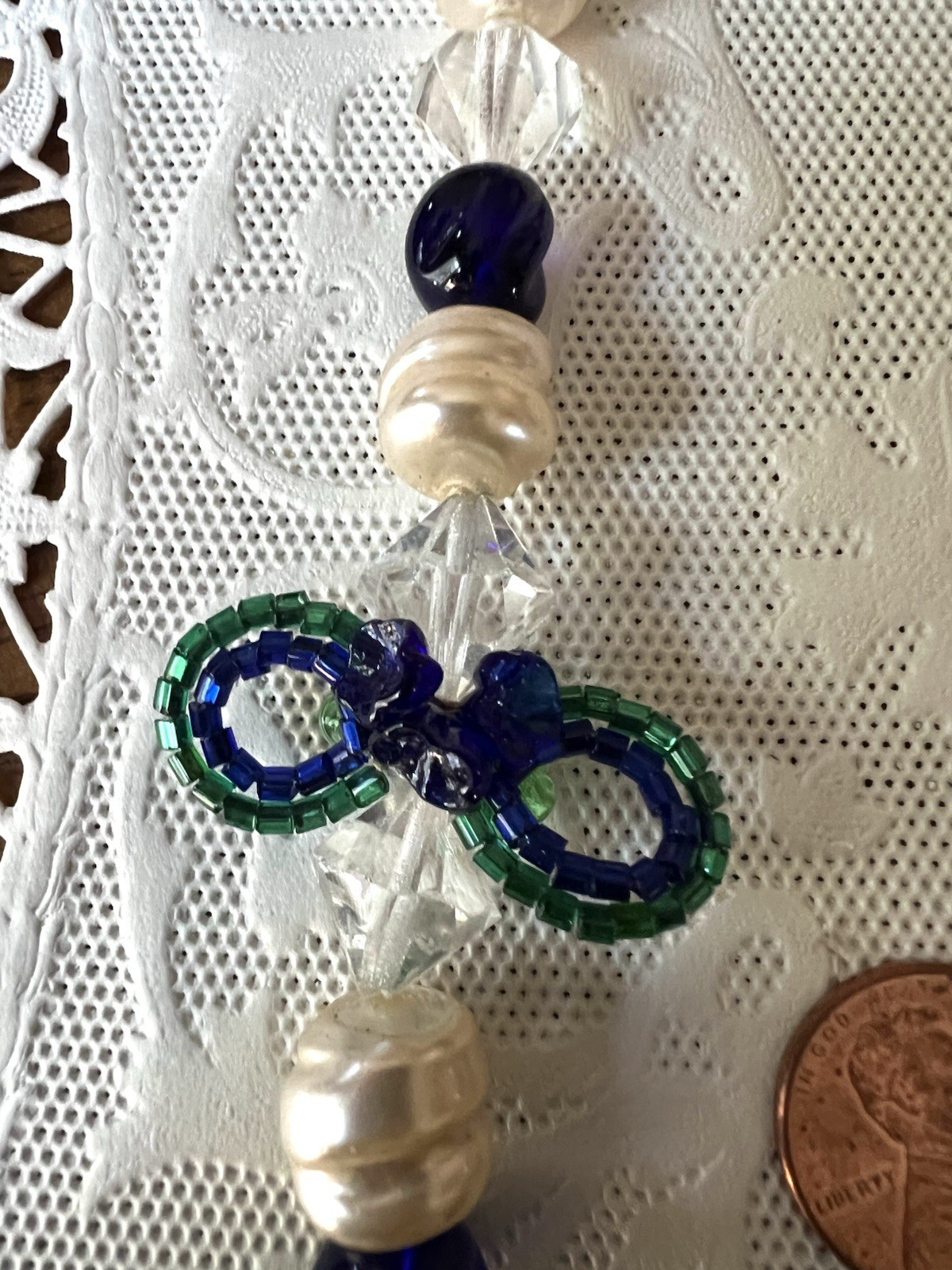 Vintage Venetian Cobalt & Green Flower Bead Art Glass Necklace 15″ + 3″ Extender