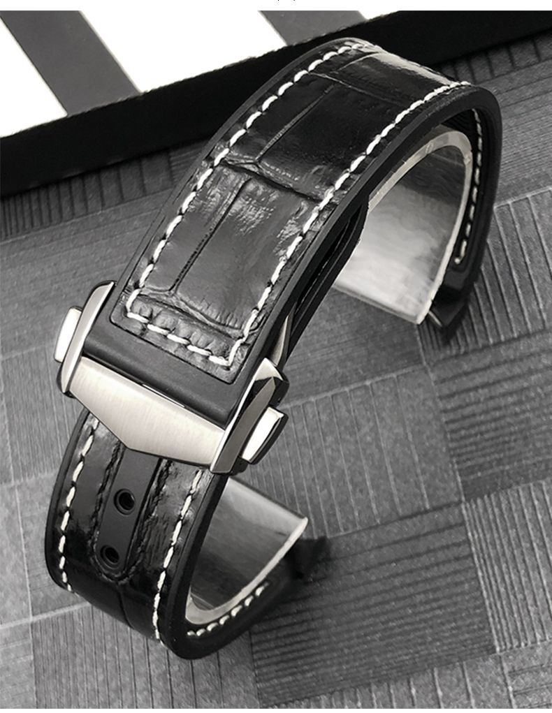 Fits Omega Semaster Planet Ocean 600 Black Leather Strap Rubber Lining Band 21mm
