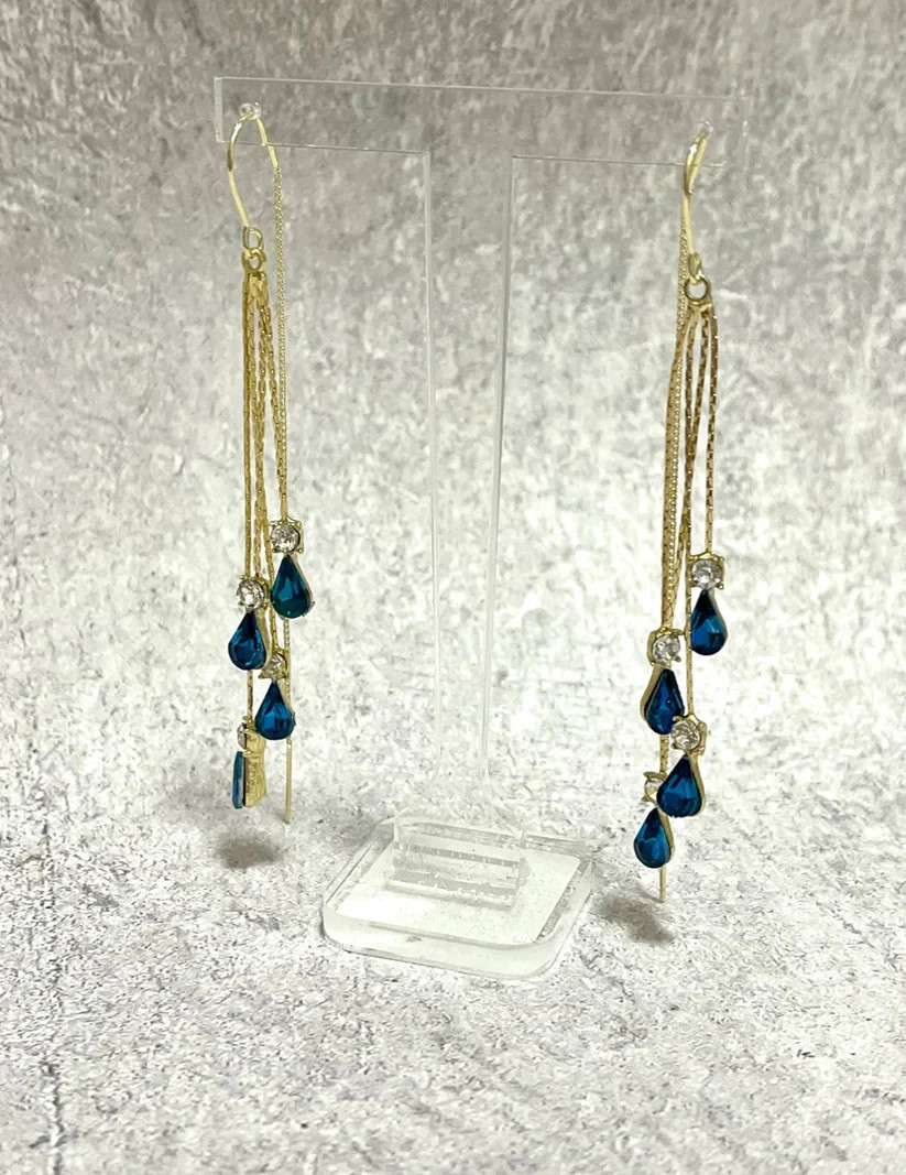 Blue Threader Earrings Long Drop Gold Dangle Crystal Zircon