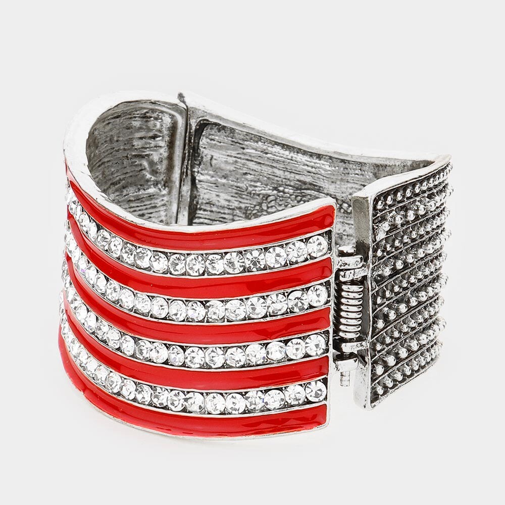NEW WT Women’s LARGE AMERICAN USA FLAG Bracelet SILVER Bangle Hinge Rhinestones