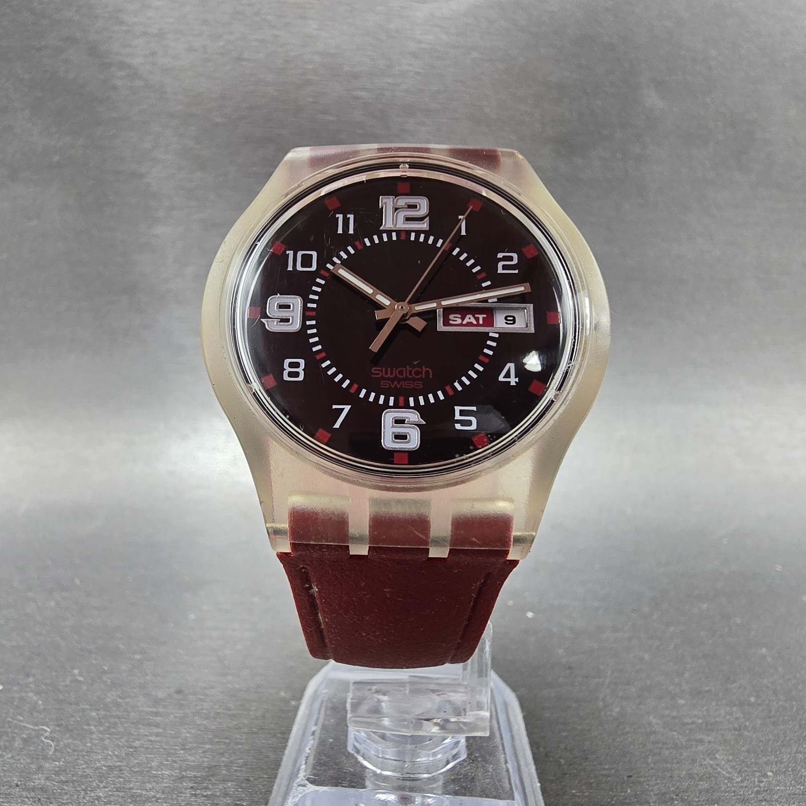 Swatch Ruby Touch Watch Men 38mm Black Dial Clear Case Daydate Round New Battery
