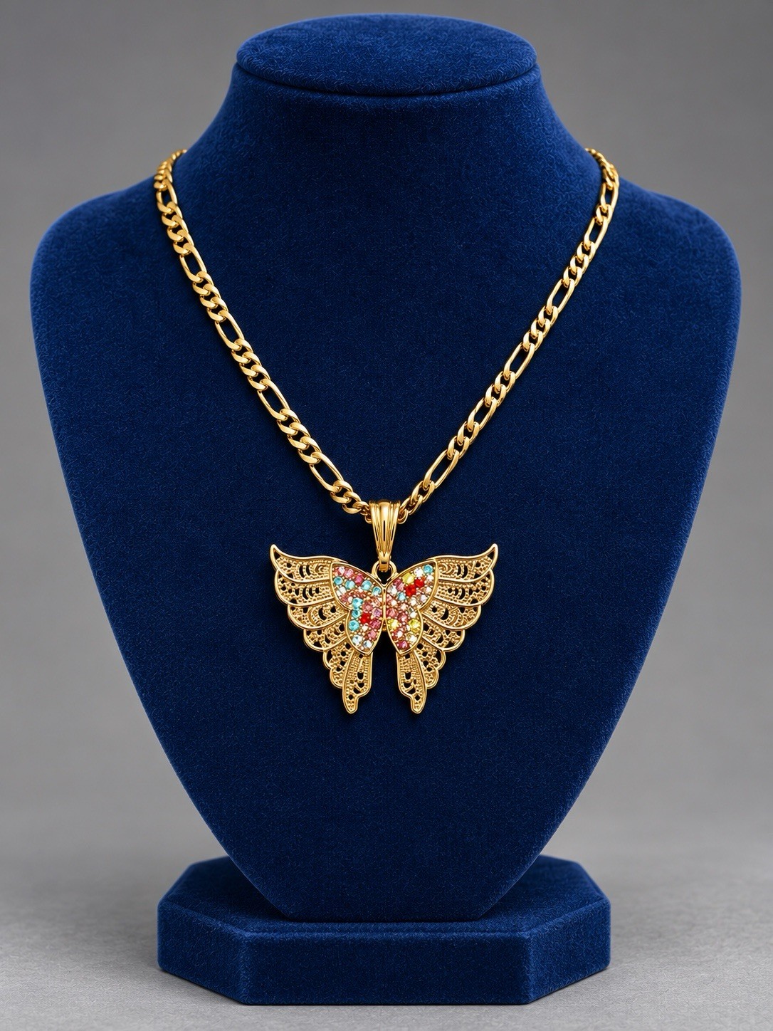 Gold-plated none tarnishCurb Chain Butterfly Multicolor Simulated Crystal Char