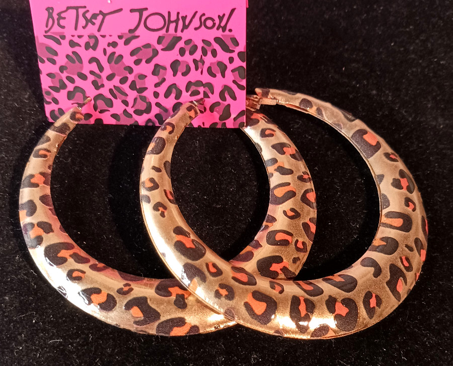 Big LEOPARD Animal Print HIP HOP Gold HOOP Leverback Betsey Johnson Earrings