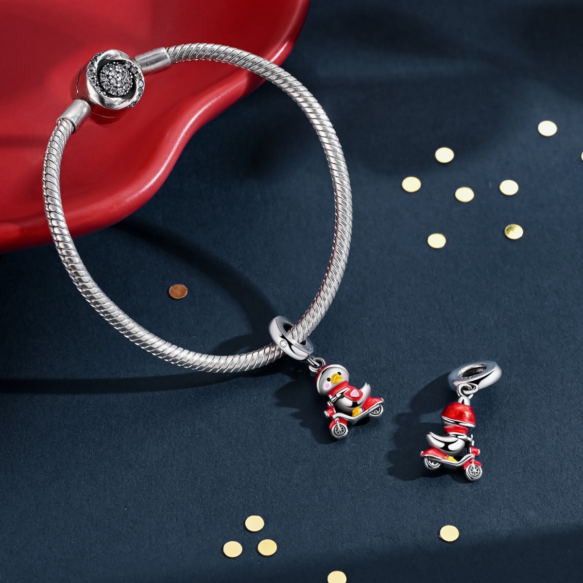 MULA Original 925 Sterling Silver Charm Red Small Duck Bike fit Women Bracelet