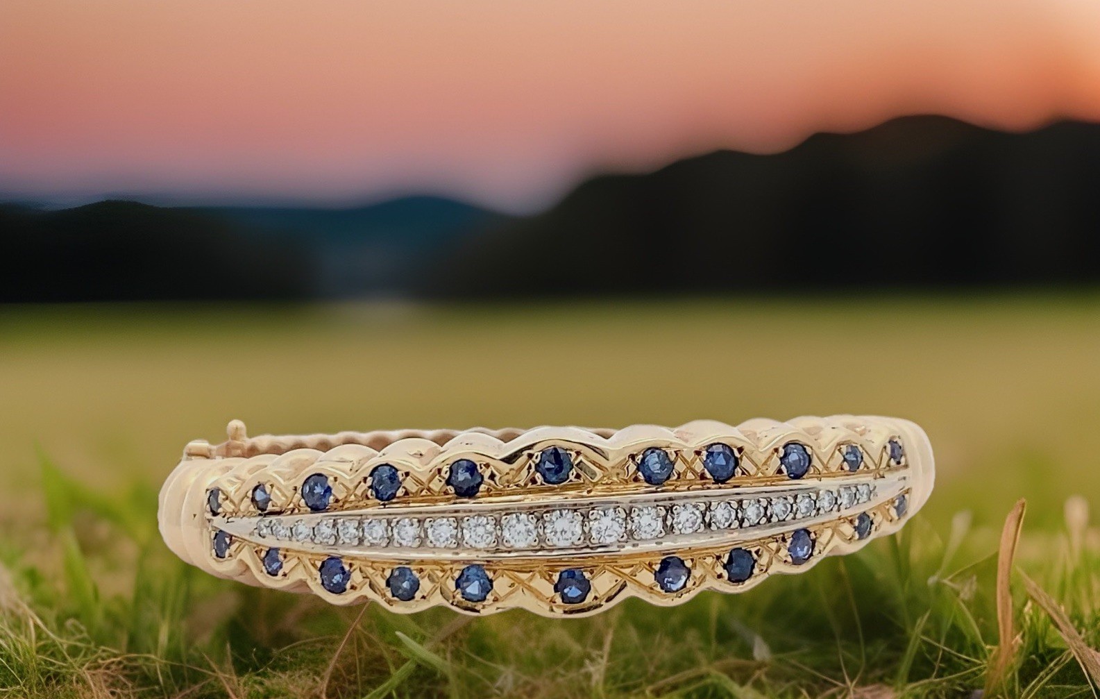 Estate Dankner 10k/14k Yellow Gold Sapphire Diamond Bangle Cuff Tennis Bracelet