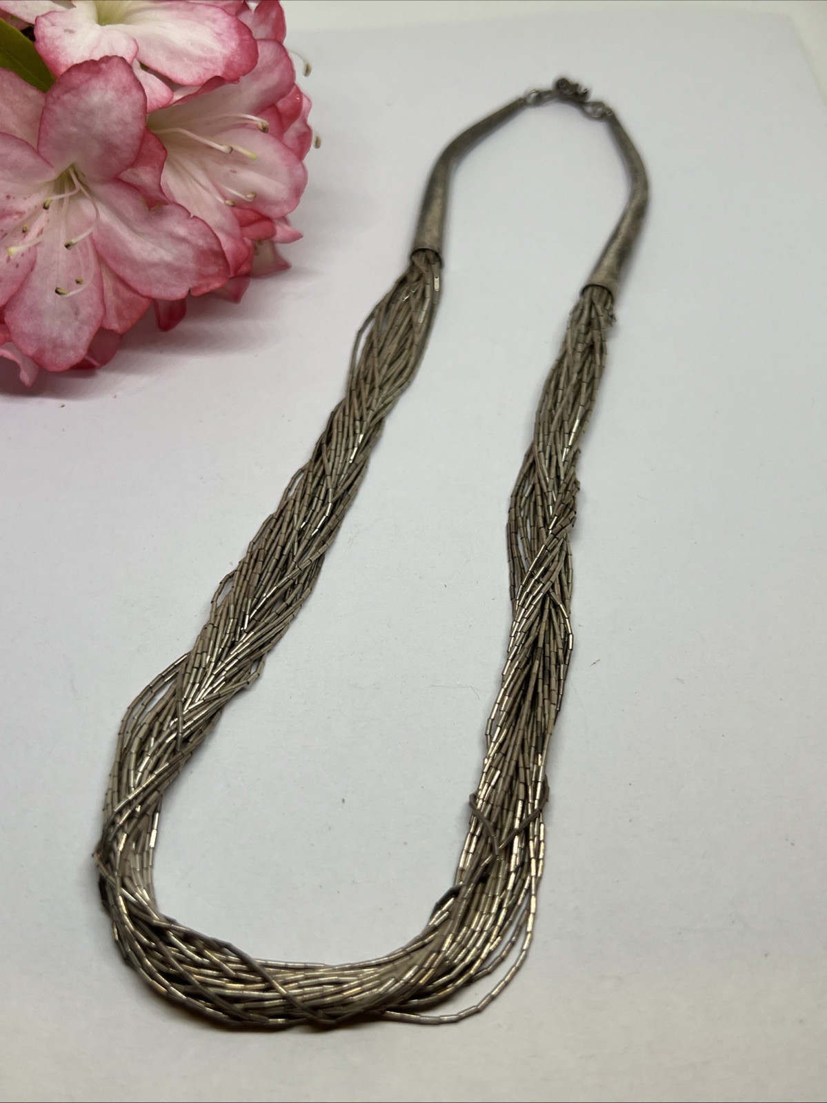 Vintage Signed Silver Liquid 15” Necklace- 925 Sterling 30 Strand