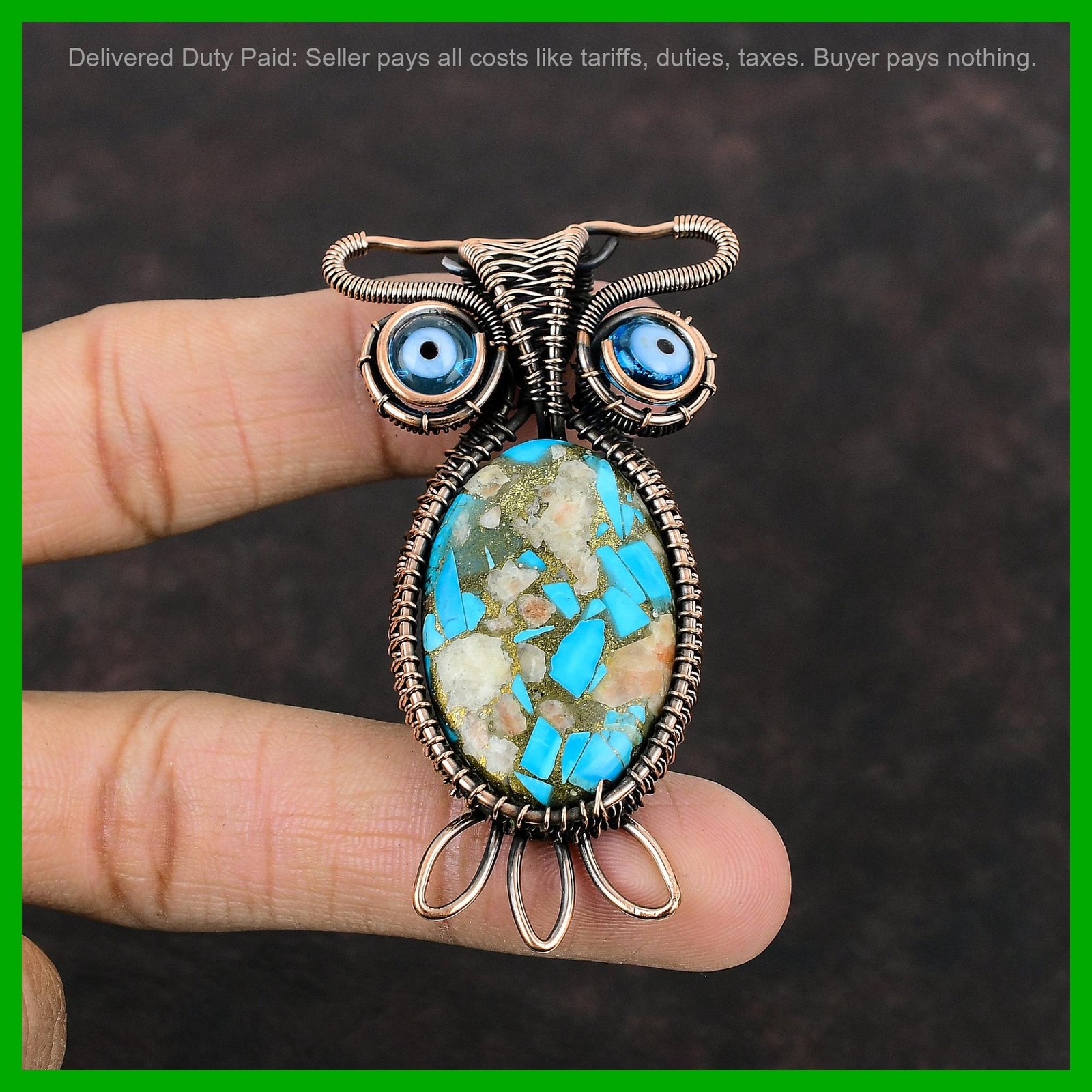 Oval Pink Opal Copper Turquoise Stone Blue Color Evil Eye Wedding Pendant Copper