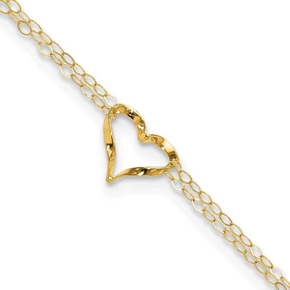 14k Yellow Gold Double Strand Heart 10in Plus 1in ext. Anklet for Women 0.95g