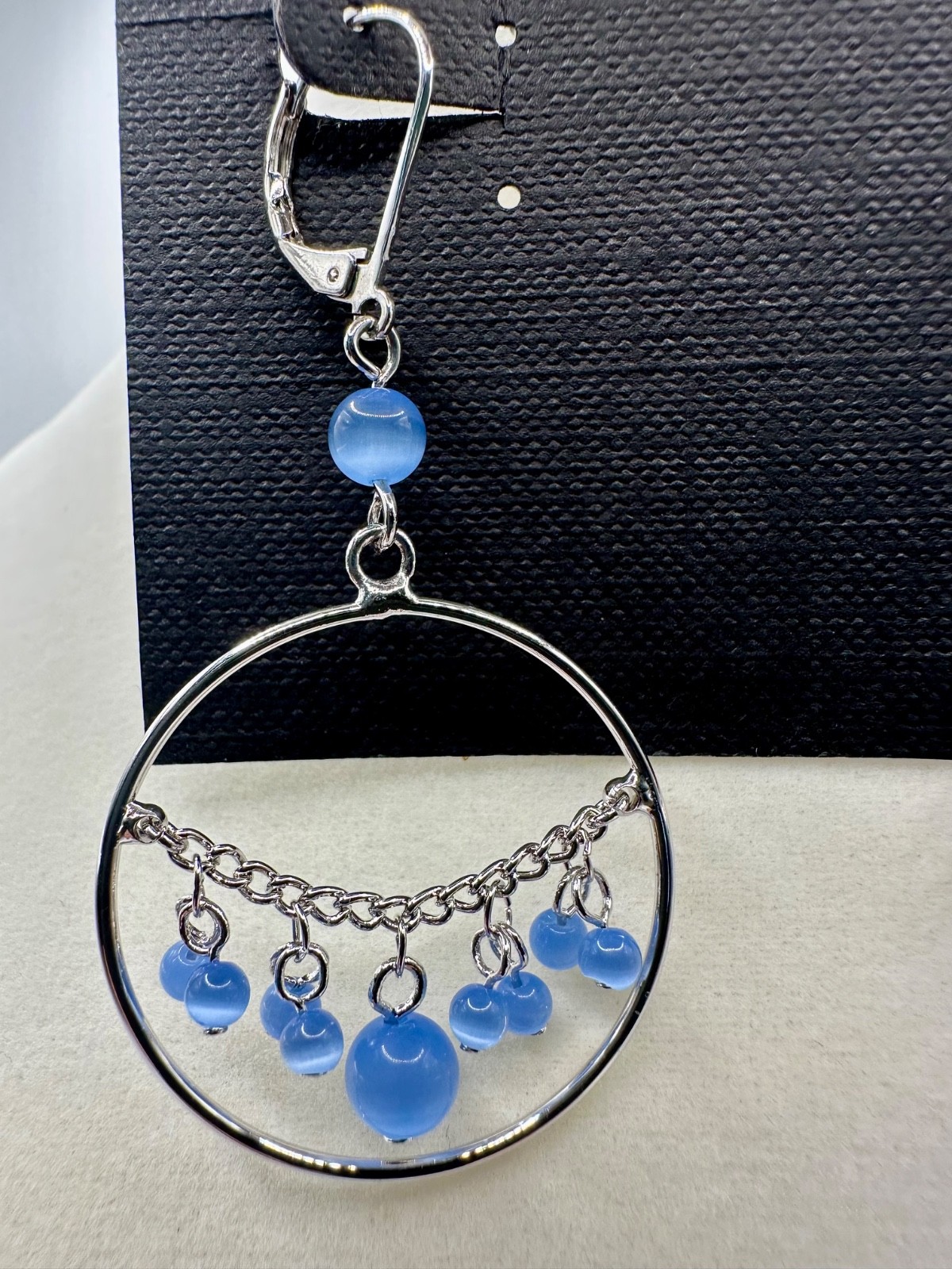 Cookie Lee Blue Cat’s Eye Beaded Hoop Dangle Earrings Silver Tone 2.5” NWT