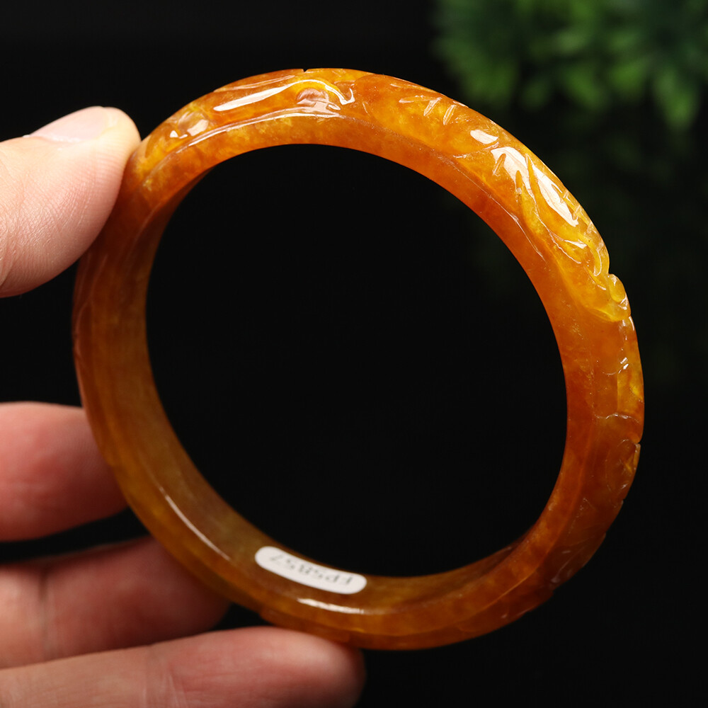 61mm Yellow Brown Jadeite Jade Bracelet Bangle Bat Lotus Burma Jade A-11767