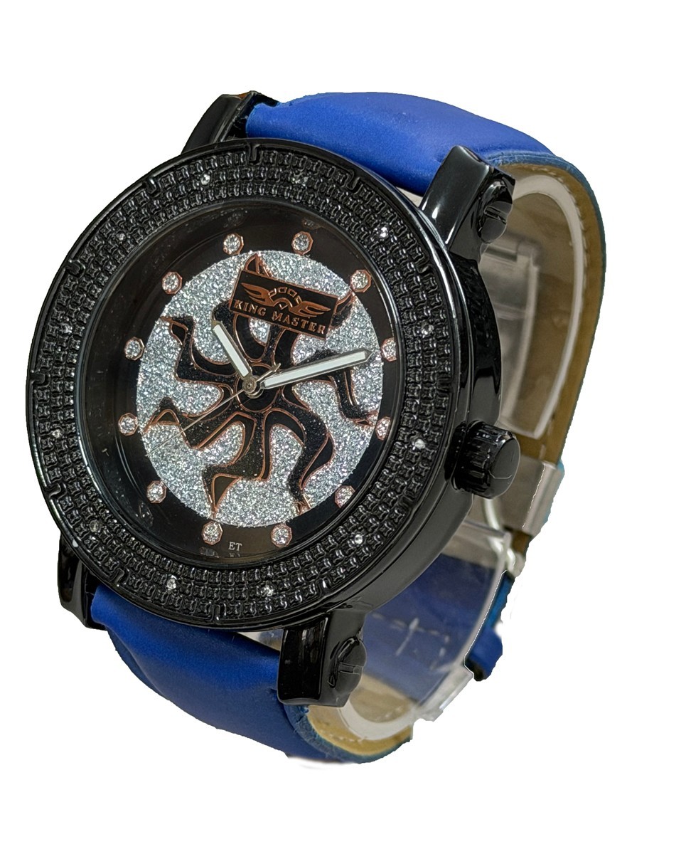 Mens King Master Genuine Diamond Watch Black Case Blue Leather Band km-531